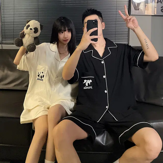 静英鸾 翻领熊猫简约风休闲舒适家居服睡衣套装 男女同款