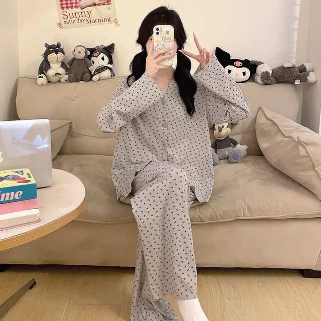 静英鸾 冰丝螺纹长袖长裤圆领开衫韩系小碎花印花家居服春秋季睡衣套装 女款