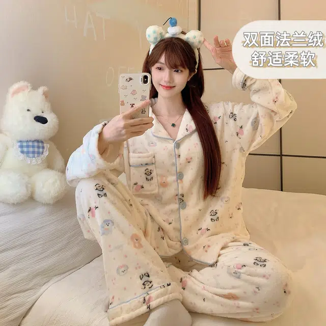 静英鸾 法兰绒加厚保暖时尚甜美风休闲舒适家居服睡衣套装 女款