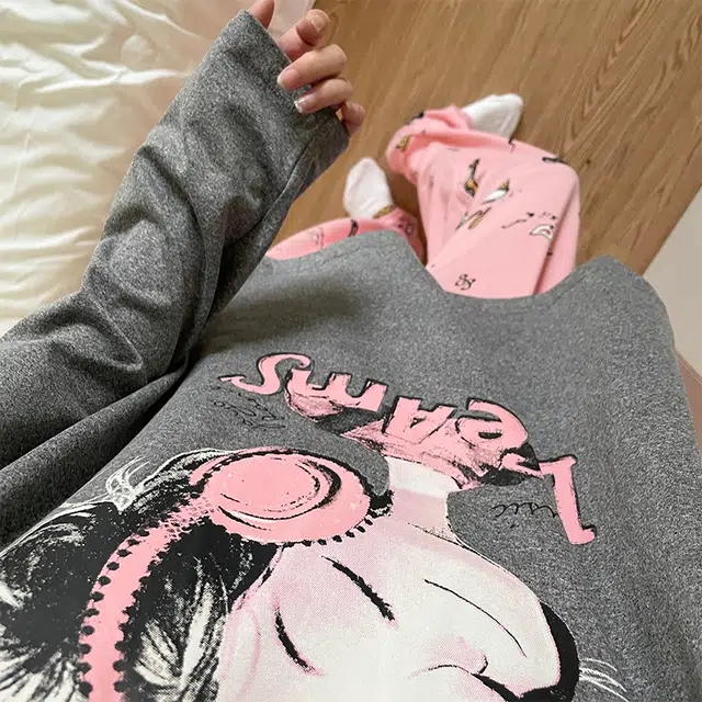 静英鸾 棉质带胸垫长袖长裤圆领套头可爱卡通甜美女孩家居服秋冬季睡衣套装 女款