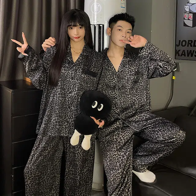 静英鸾 豹纹翻领简约风休闲时尚家居服睡衣套装 男女同款