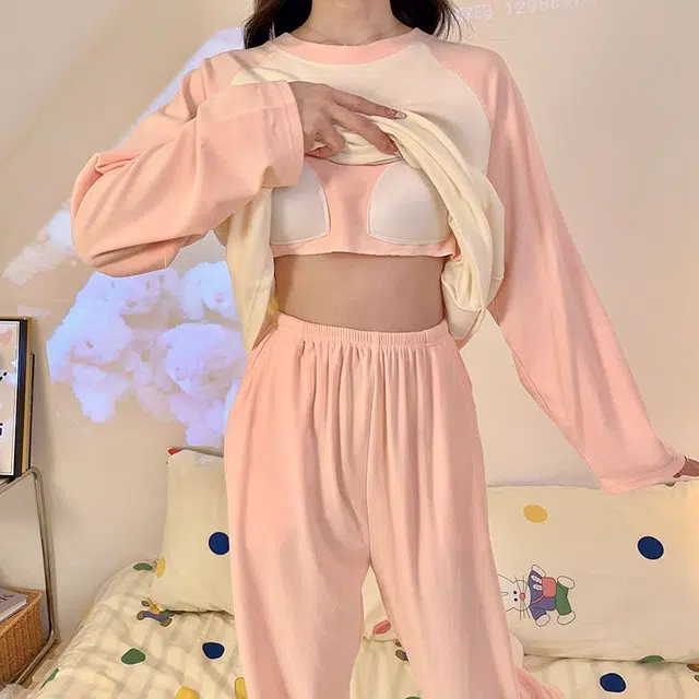 静英鸾 德绒带胸垫长袖长裤圆领套头纯色甜美笑脸家居服秋冬季保暖套装 女款