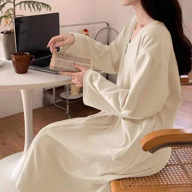 静英鸾 德绒长袖长裙圆领拉链纯色舒适家居服秋冬季保暖套装 女款