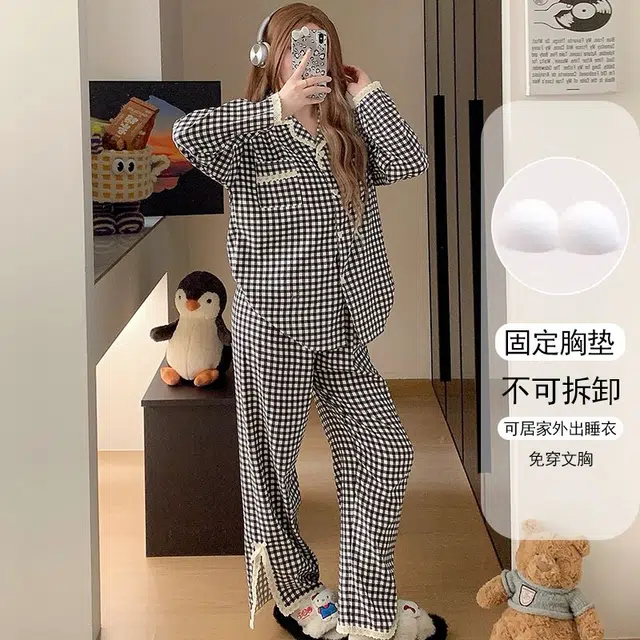 静英鸾 透气长袖舒适可外穿轻便格子家居服睡衣套装 女款