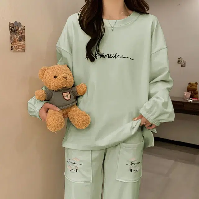 静英鸾 德绒长袖长裤圆领套头纯色简约小清新两件套家居服秋冬季保暖套装 女款