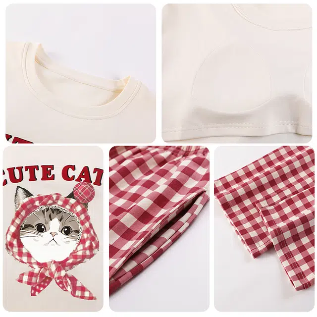 静英鸾 带胸垫甜美可爱卡通猫猫休闲时尚亲肤舒适家居服睡衣套装 女款