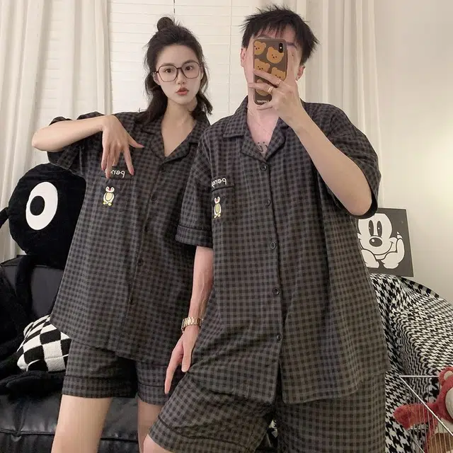 静英鸾 夏季男简约透气舒适格子卡通企鹅图案家居服睡衣套装 男款