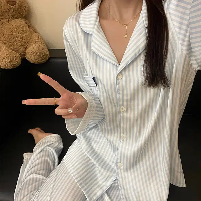 静英鸾 长袖长裤翻领设计简约条纹轻盈家居服睡衣礼盒 女款