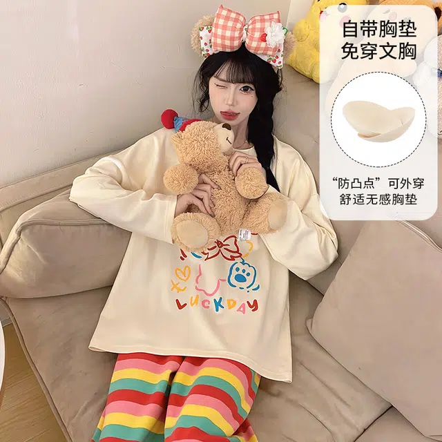 静英鸾 带胸垫圆领套头长袖长裤简约多巴胺条纹小狗家居服春秋季睡衣套装 女款