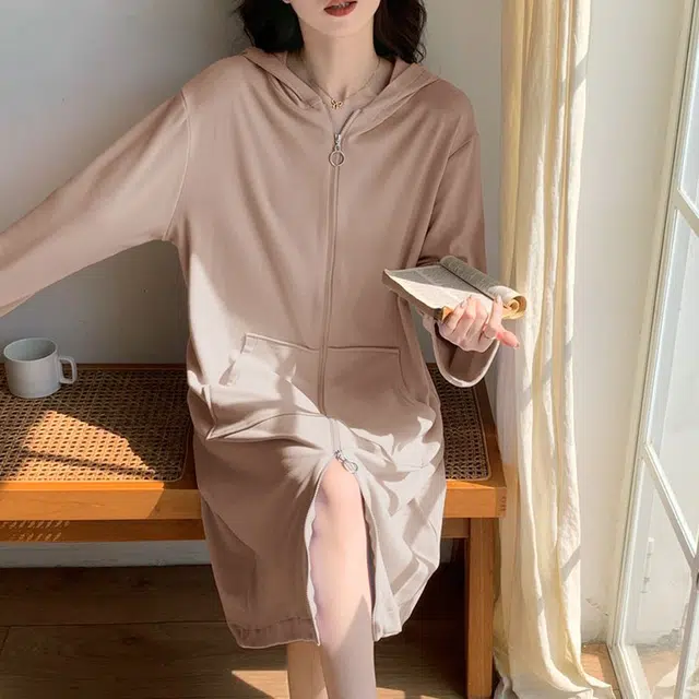 静英鸾 德绒长袖长裙连帽拉链纯色简约柔软舒适休闲家居服秋冬季保暖套装 女款