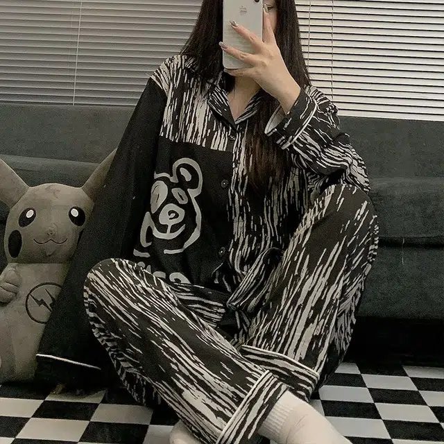静英鸾 棉质长袖长裤翻领开衫卡通条纹小熊情侣休闲家居服秋冬季睡衣套装 男女同款