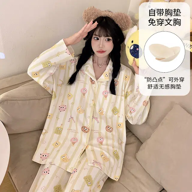 静英鸾 带胸垫长袖长裤翻领开衫卡通条纹小饼干家居服睡衣套装 女款