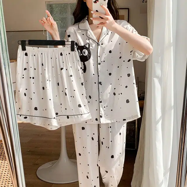 静英鸾 休闲舒适简约卡通小猫波点图案短袖翻领开衫家居服睡衣套装 女款