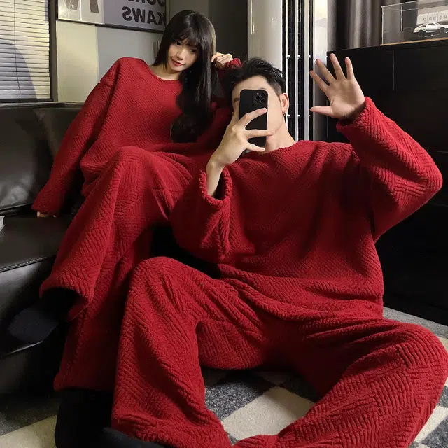 静英鸾 秋冬季纯色圆领甜美风珊瑚绒加绒加厚保暖家居服睡衣套装 男女同款