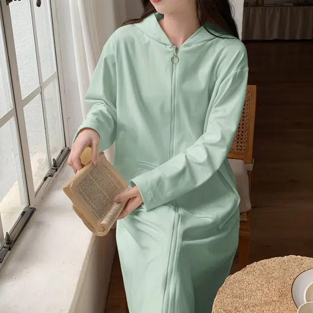 静英鸾 德绒长袖长裙连帽拉链纯色简约小清新家居服秋冬季保暖套装 女款