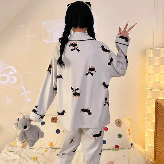 静英鸾 德绒长袖长裤翻领开衫可爱卡通小狗休闲两件套家居服秋冬季睡衣套装 女款