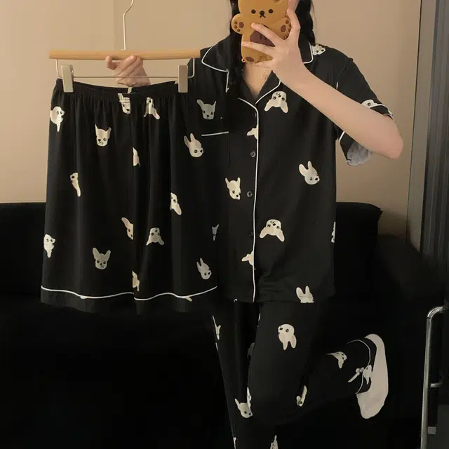静英鸾 简约法斗犬短袖长裤春夏秋款家居服三件套睡衣套装 女款