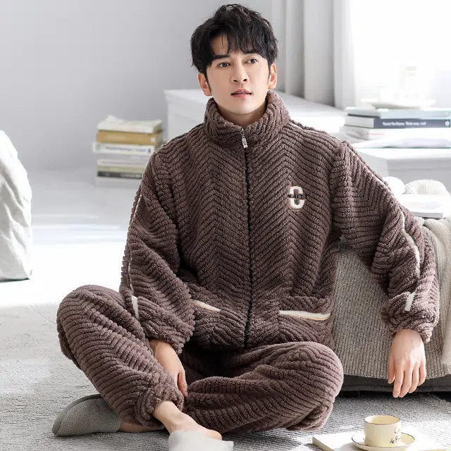 静英鸾 舒适简约加绒加厚立领设计长袖长裤家居服睡衣套装 男款
