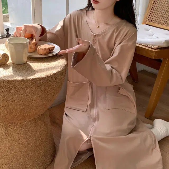 静英鸾 德绒长袖长裙圆领拉链纯色简约舒适家居服秋冬季保暖套装 女款