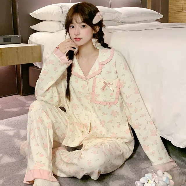 静英鸾 家居女舒适清新碎花轻便长袖长裤翻领设计服睡衣套装 女款