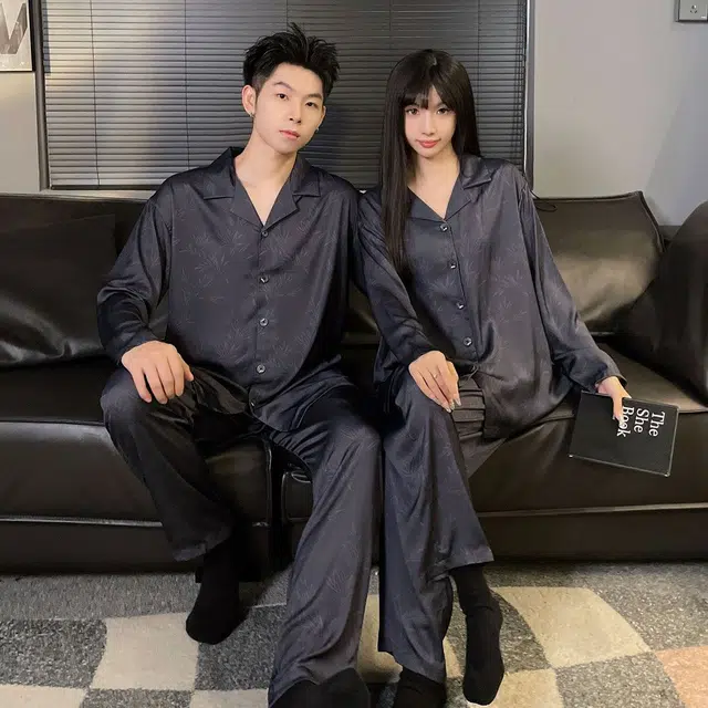 静英鸾 情侣休闲风长袖翻领开衫简约设计家居服睡衣礼盒 男女同款
