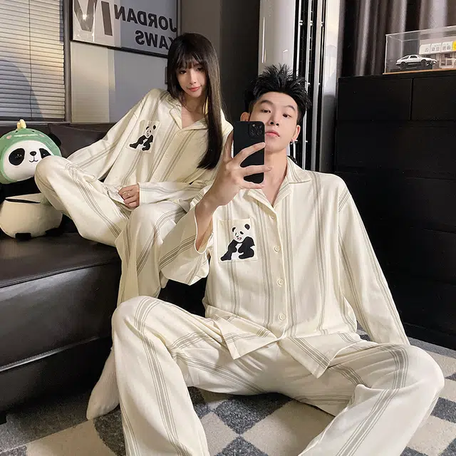 静英鸾 翻领条纹卡通熊猫简约风休闲舒适家居服睡衣套装 男女同款