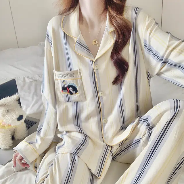 静英鸾 简约休闲时尚条纹甜美可爱卡通企鹅家居服睡衣套装 女款