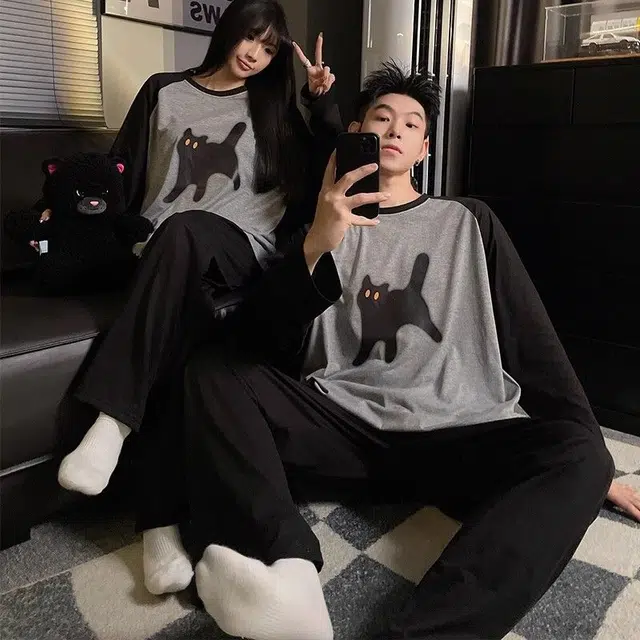 静英鸾 卡通小猫简约风休闲舒适长袖长裤家居服睡衣套装 男女同款