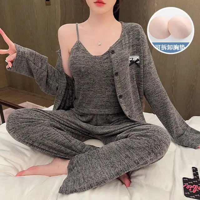 静英鸾 棉质羊绒长袖吊带长裤开衫纯色简约舒适家居服秋冬季睡衣套装 女款