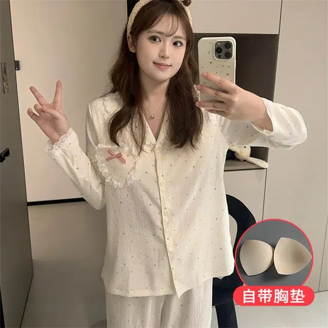 静英鸾  圆点蝴蝶结翻领甜美风休闲舒适家居服睡衣礼盒 女款