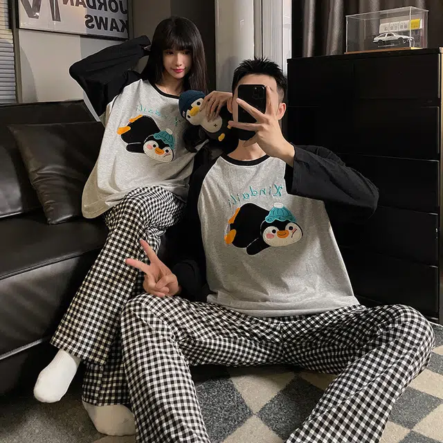 静英鸾 纯棉卡通可爱趴趴企鹅圆领套头长袖长裤休闲家居服秋冬季睡衣套装 男女同款