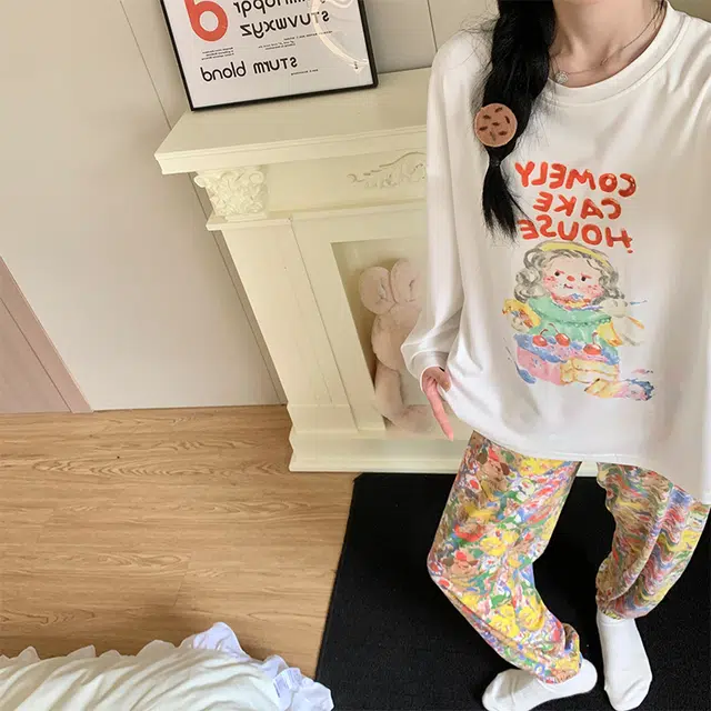 静英鸾 棉质带胸垫长袖长裤圆领套头卡通甜美花朵家居服秋冬季睡衣套装 女款