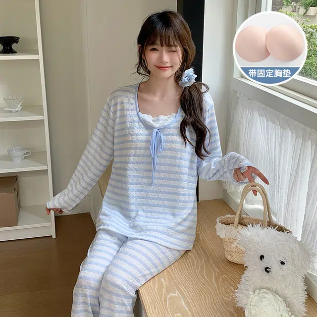静英鸾 长袖长裤圆领套头简约甜美条纹休闲家居服秋冬季睡衣套装 女款