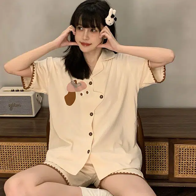 静英鸾 休闲亲肤透气卡通小狗短袖翻领可外穿家居服睡衣套装 女款