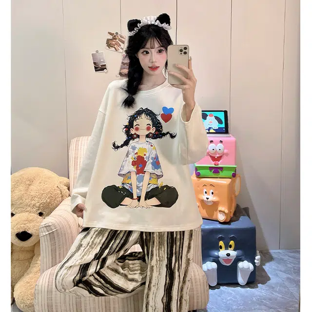 静英鸾 仿棉圆领套头长袖长裤可爱卡通小女孩条纹休闲家居服春秋季睡衣套装 女款