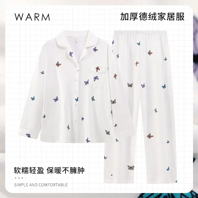 静英鸾 翻领甜美休闲简约蝴蝶亲肤舒适可外穿家居服睡衣套装 女款