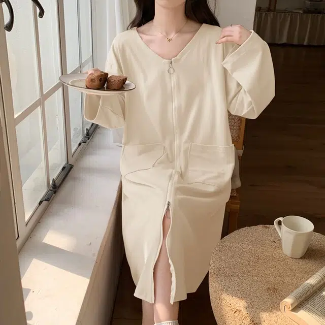 静英鸾 德绒长袖长裙圆领拉链纯色舒适家居服秋冬季保暖套装 女款