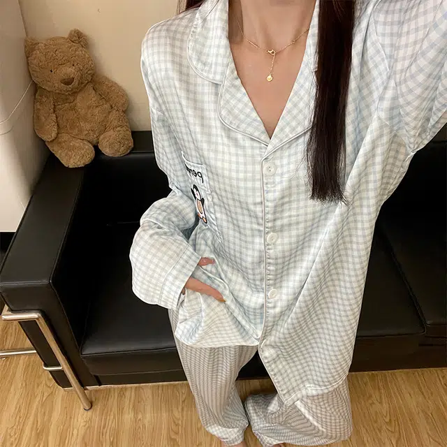 静英鸾 家居女休闲舒适简约翻领设计格子卡通企鹅图案服睡衣礼盒 女款