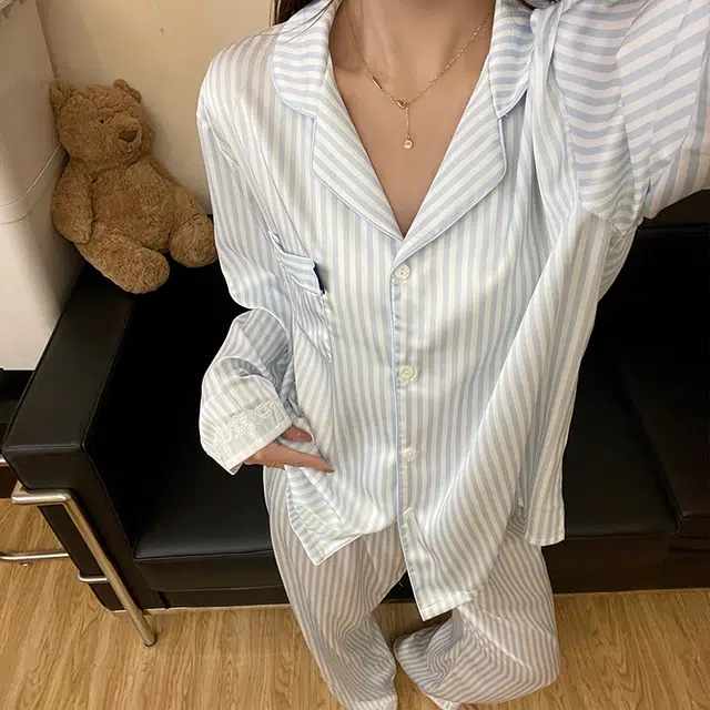 静英鸾 长袖长裤翻领设计简约条纹轻盈家居服睡衣礼盒 女款