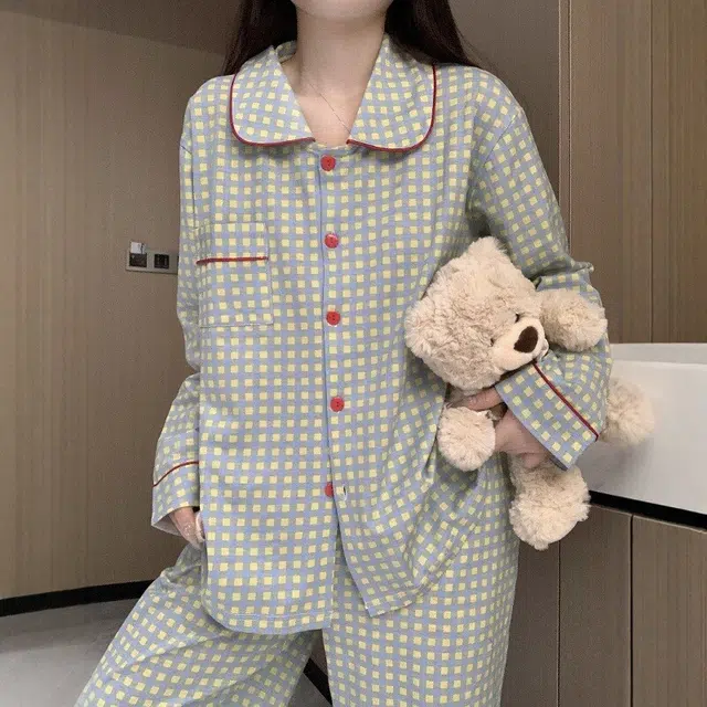 静英鸾 简约方格时尚翻领亲肤舒适可外穿家居服睡衣套装 女款