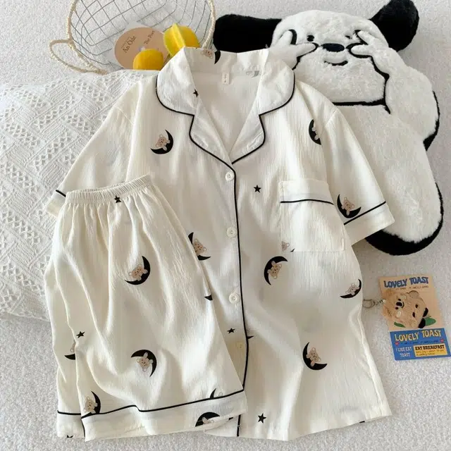 静英鸾 舒适简约宽松亲肤短袖短裤翻领家居服睡衣套装 女款