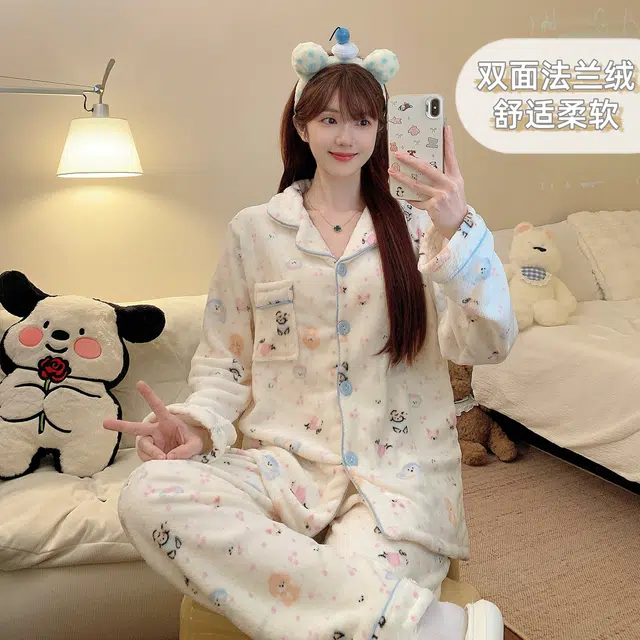 静英鸾 法兰绒加厚保暖时尚甜美风休闲舒适家居服睡衣套装 女款