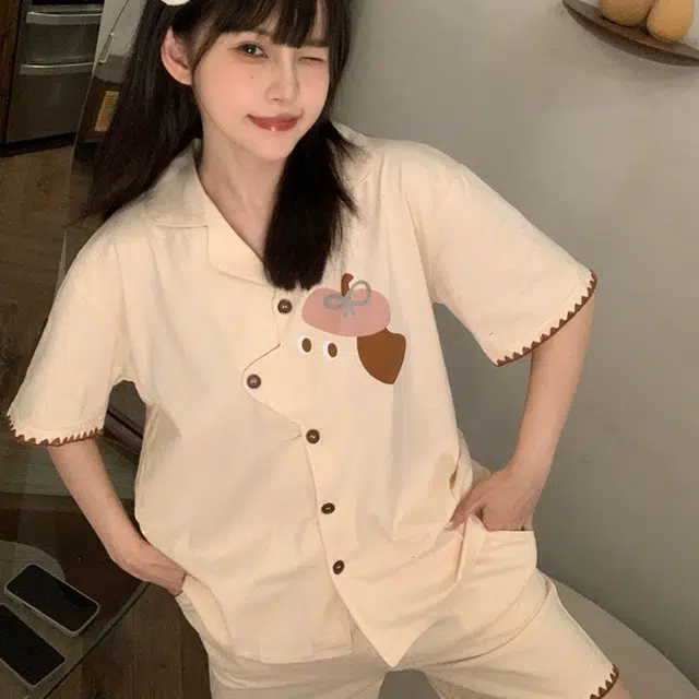 静英鸾 休闲亲肤透气卡通小狗短袖翻领可外穿家居服睡衣套装 女款