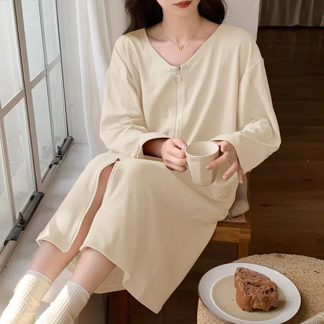 静英鸾 德绒长袖长裙圆领拉链纯色舒适家居服秋冬季保暖套装 女款