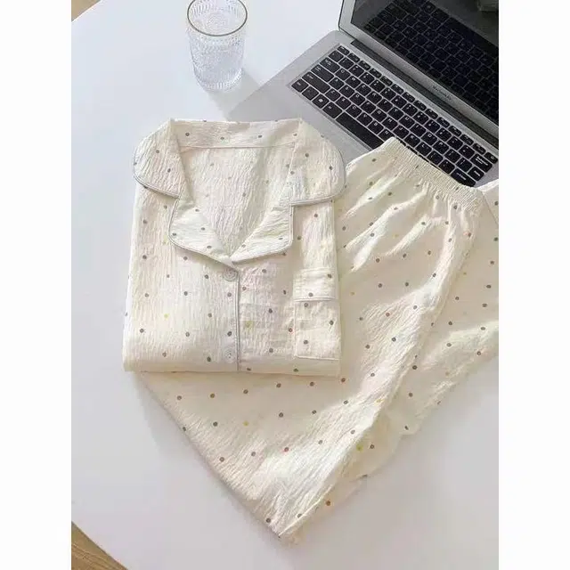 静英鸾 简约彩色圆点满印翻领长袖家居服睡衣套装 女款