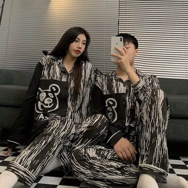 静英鸾 棉质长袖长裤翻领开衫卡通条纹小熊情侣休闲家居服秋冬季睡衣套装 男女同款