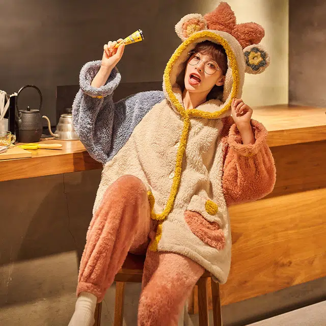 静英鸾 连帽舒适简约长袖长裤加绒加厚保暖家居服睡衣套装 女款