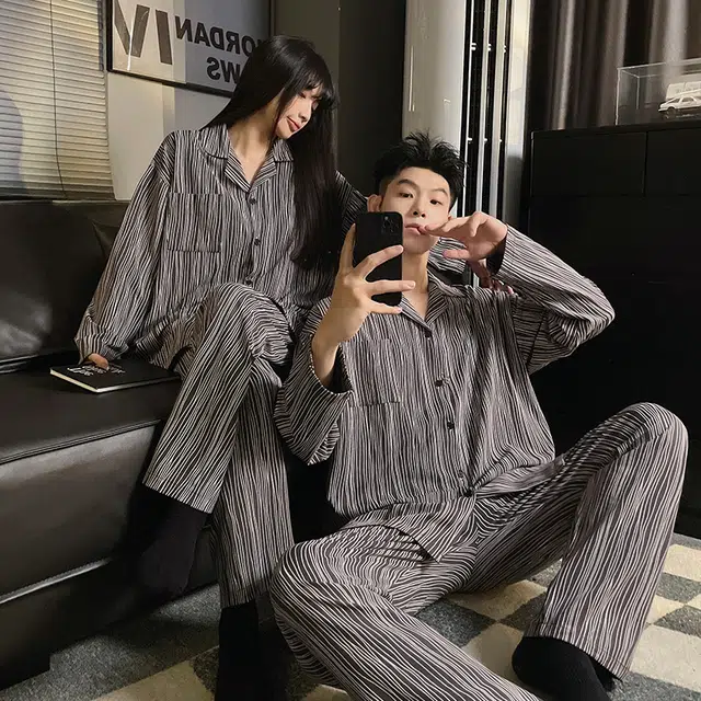 静英鸾 翻领长袖长裤条纹时尚简约风休闲舒适家居服睡衣套装 男女同款