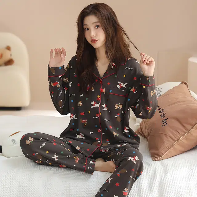 静英鸾 家居女可外穿舒适透气轻便长袖卡通图案服睡衣套装 女款