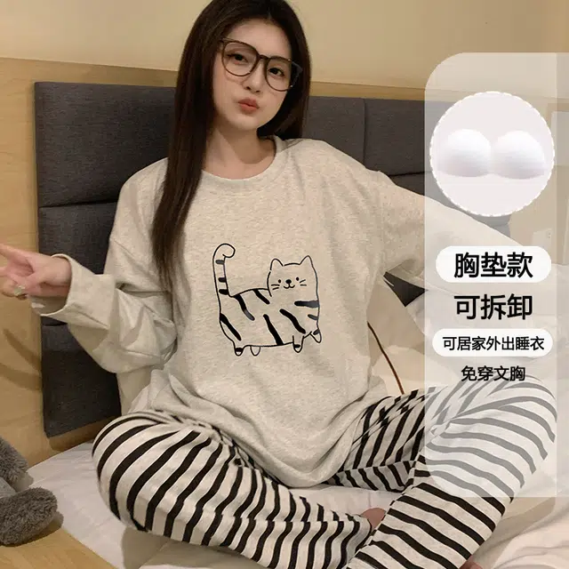 静英鸾 可拆卸胸垫休闲时尚简约高级感卡通线条小猫亲肤柔软舒适可外穿家居服睡衣套装 女款